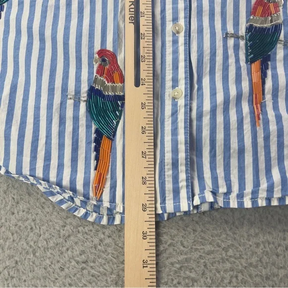 Maeve Parrot Button Down Shirt Womens XS / S Blue White Striped Sequin Oversized - Picture 7 of 9